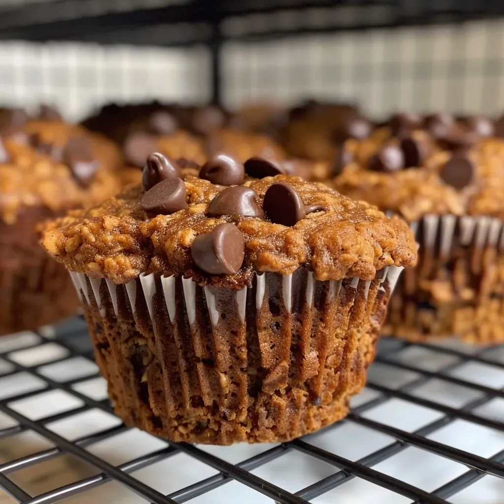 Side view of a fluffy pumpkin muffin made with oat flour and topped with chocolate chips.