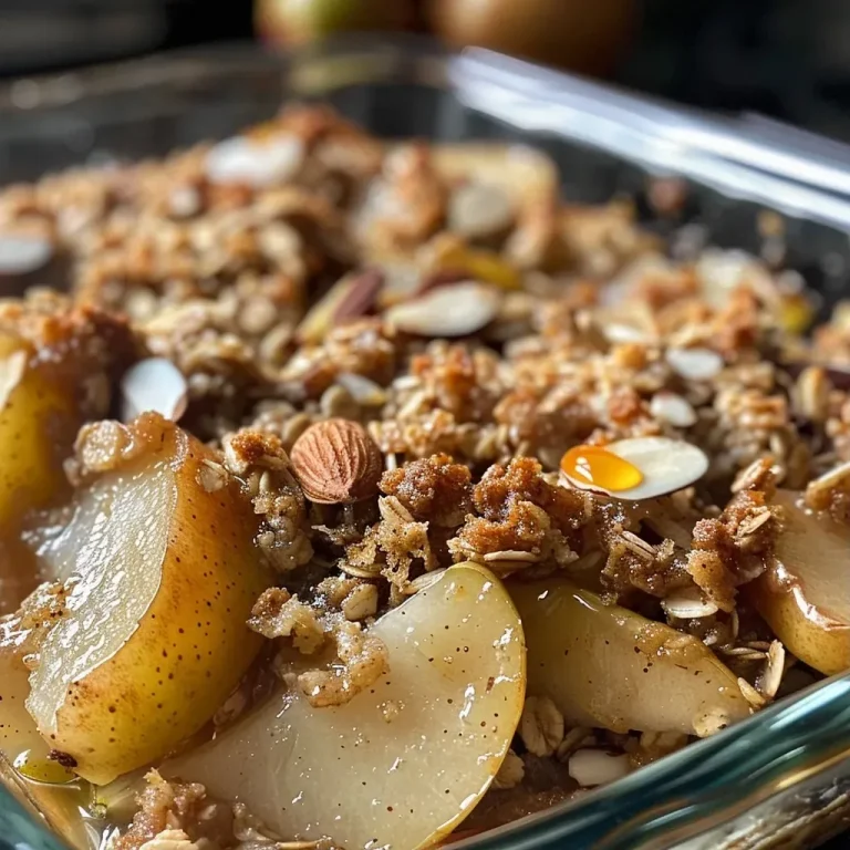 A close-up view of a healthy pear crisp topped with nuts and oats.