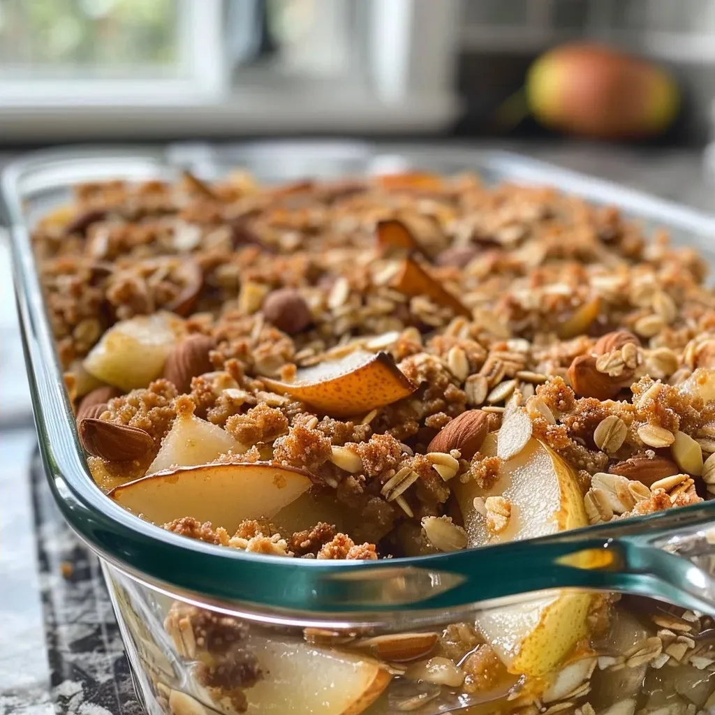 A side view of a freshly baked pear crisp with golden-brown topping and visible fruit.