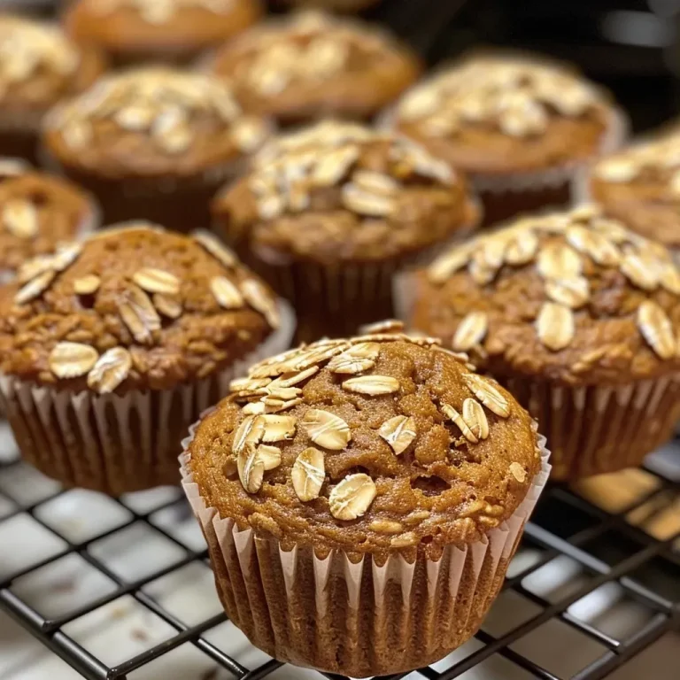 Close-up side view of healthy pumpkin muffins with a golden brown top and oats sprinkled on top.