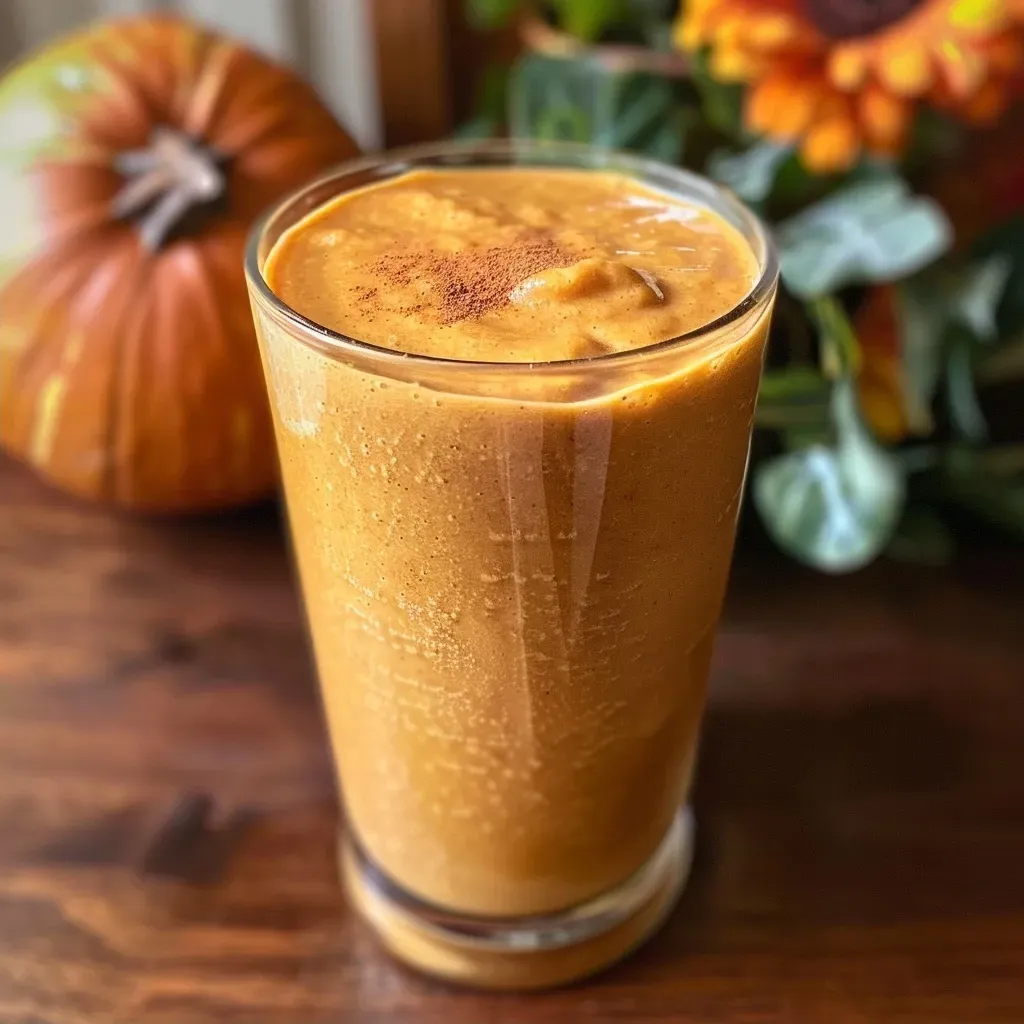 Side view of a delicious pumpkin smoothie with a frothy top, decorated with a sprinkle of spice.