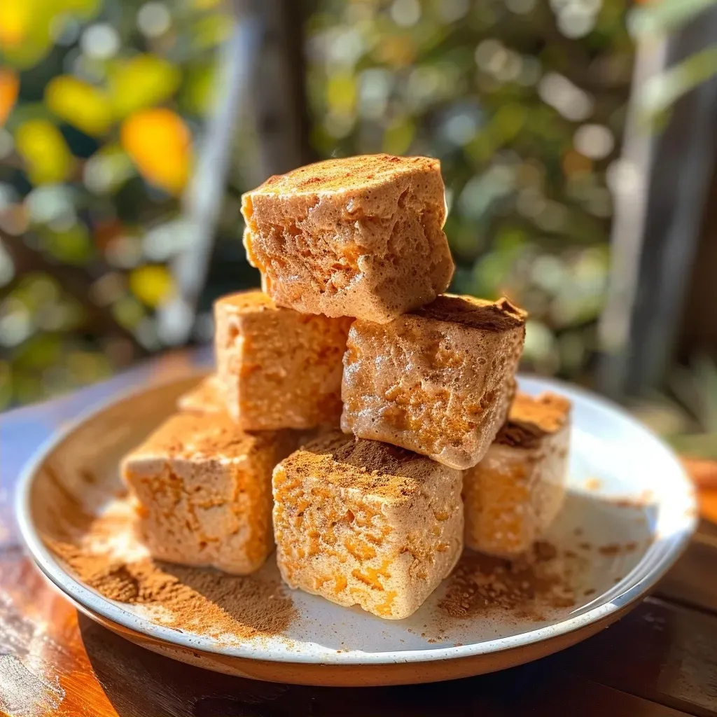 Side view of homemade pumpkin spice marshmallows, showcasing their soft texture.