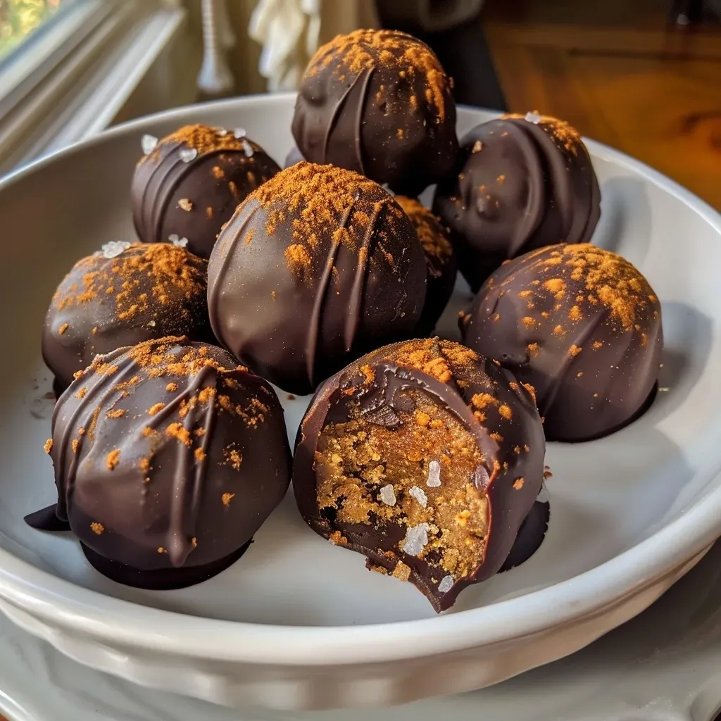 Side view of delicious pumpkin truffles, highlighting rich chocolate bits.