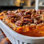 Close-up of a healthy sweet potato casserole topped with pecans.