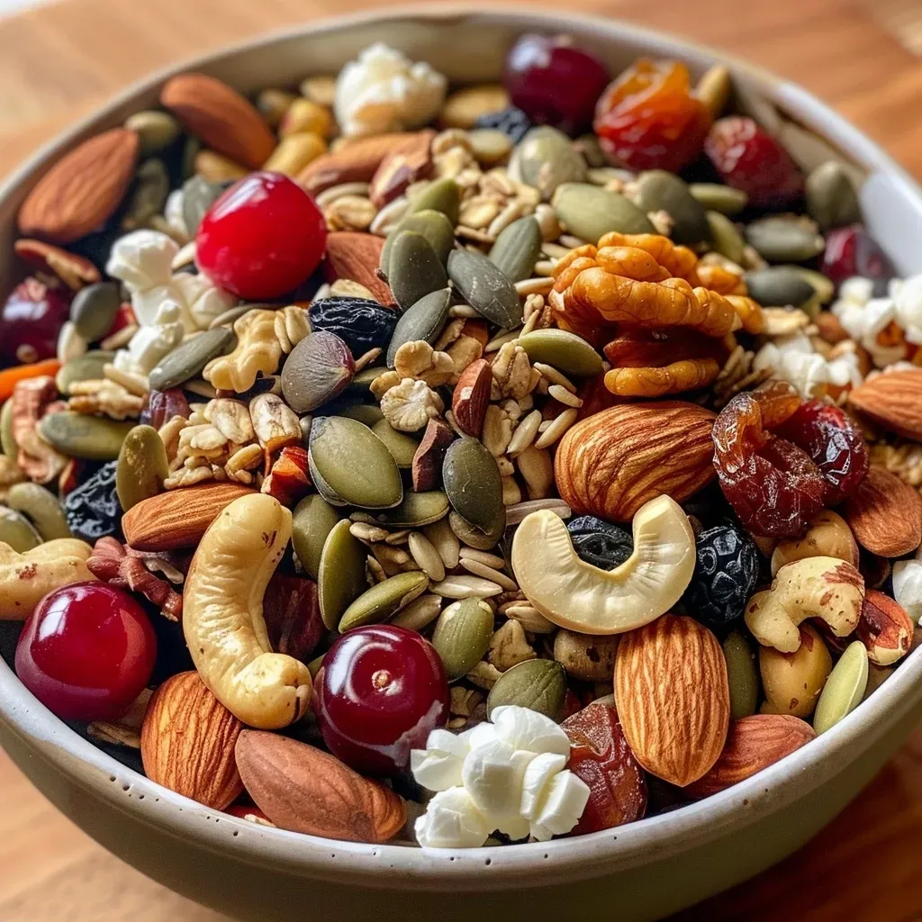 Vibrant trail mix featuring pre-soaked raw nuts, seeds, and organic dehydrated fruits arranged in a bowl.