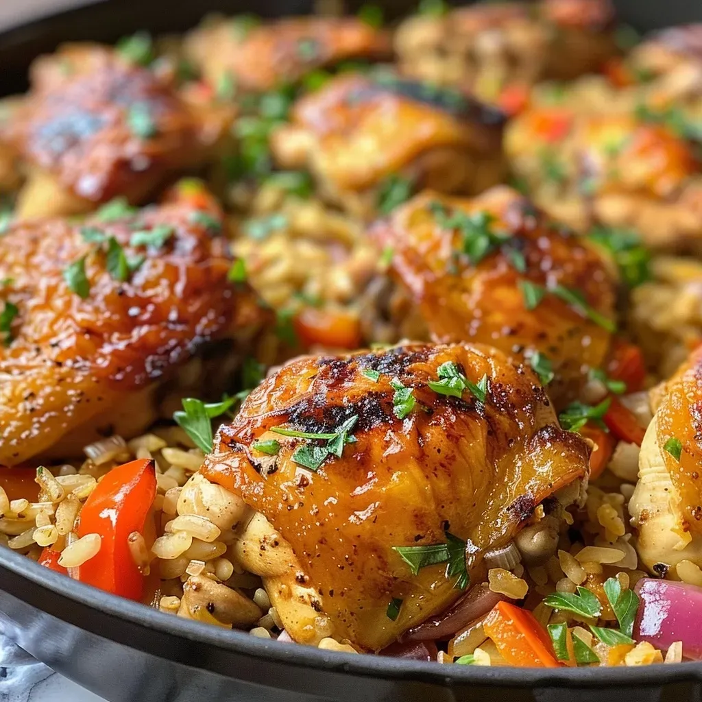 Juicy chicken and rice casserole displayed in a skillet, highlighting the crispy chicken skin and vibrant red bell pepper.