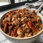 Close-up view of high protein granola with nuts and seeds.