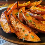 Close-up view of golden-brown honey butter roasted sweet potato wedges on a rustic plate.