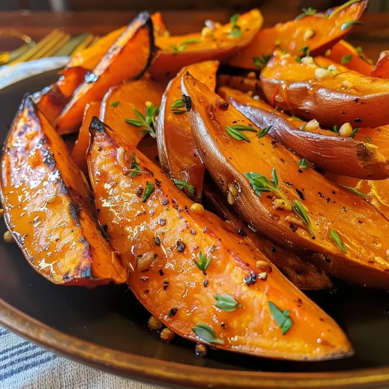 Close-up view of golden-brown honey butter roasted sweet potato wedges on a rustic plate.
