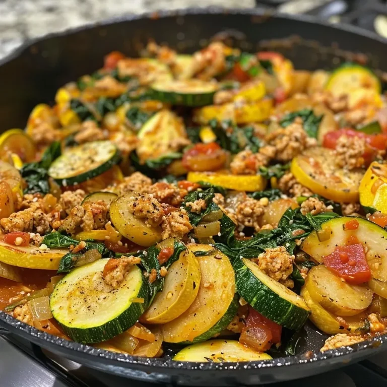 One-Pan Italian Turkey Skillet: A Wholesome Family Favorite A close-up view of a colorful Italian Turkey Vegetable Skillet featuring zucchini, yellow squash, and ground turkey.