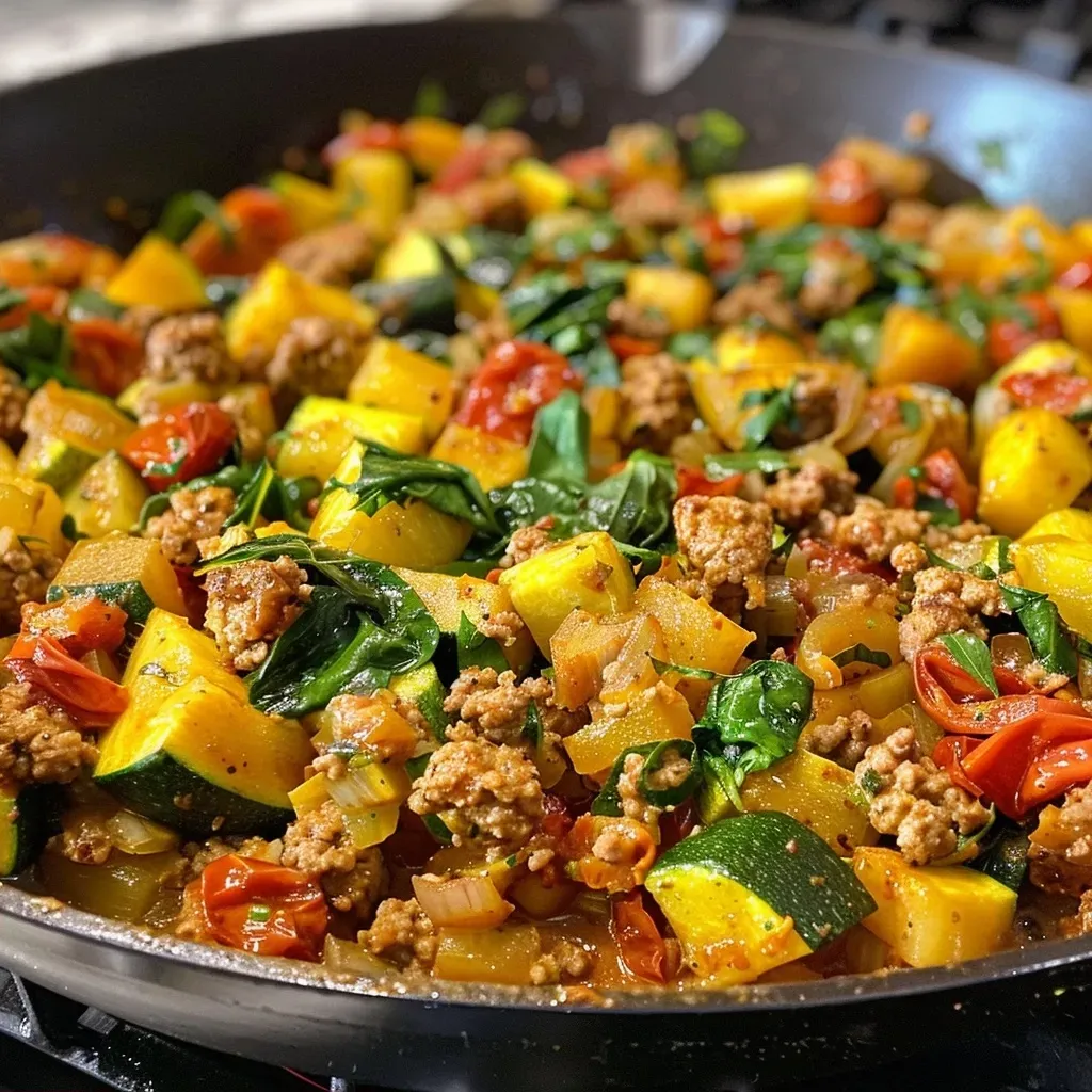 A vibrant skillet filled with ground turkey, zucchini, yellow squash, and fresh spinach, garnished with garlic and spices.