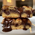 Close-up view of a golden, flaky croissant filled with chocolate chips and cookie dough.