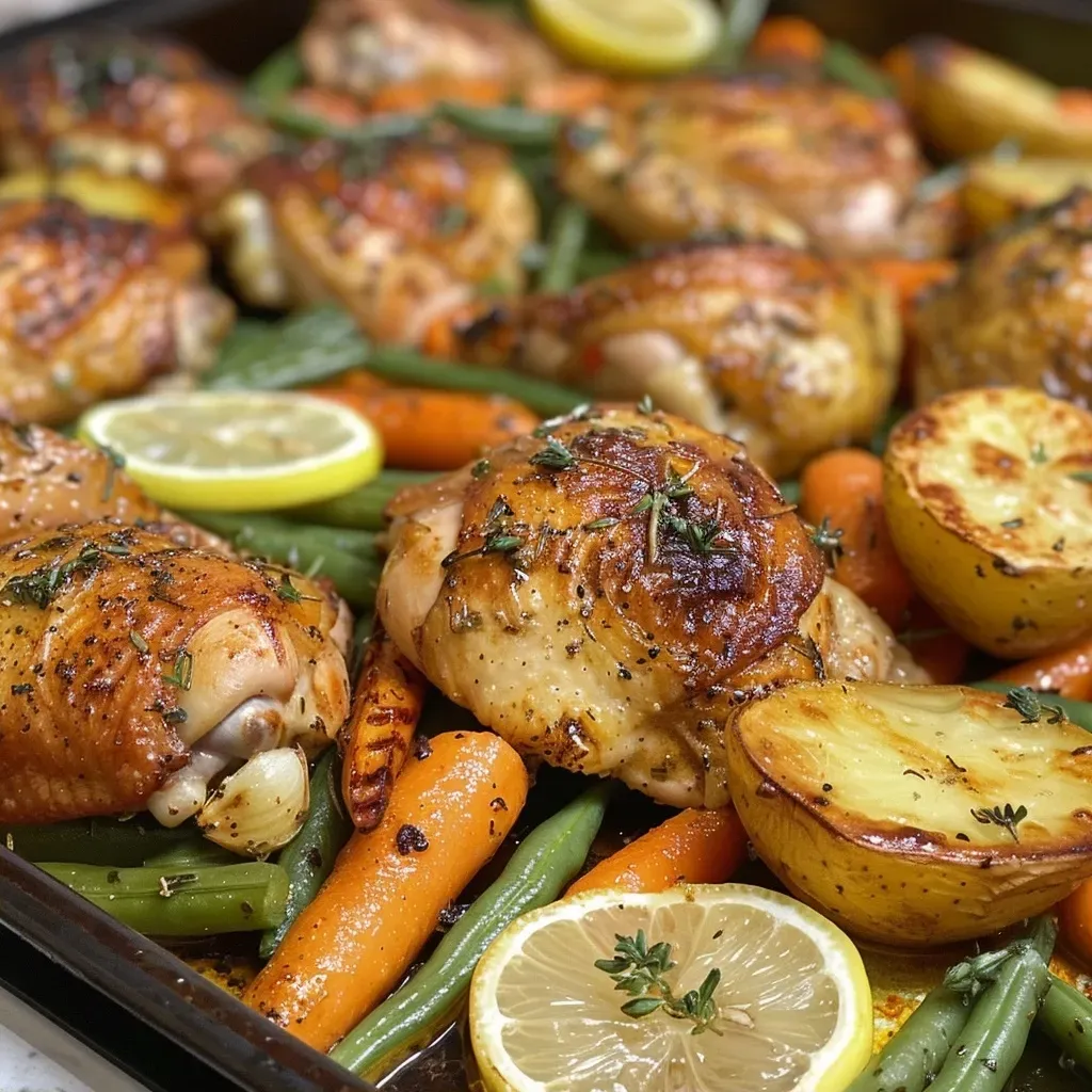 Juicy chicken thighs with roasted chantenay carrots and green beans in a baking tray.