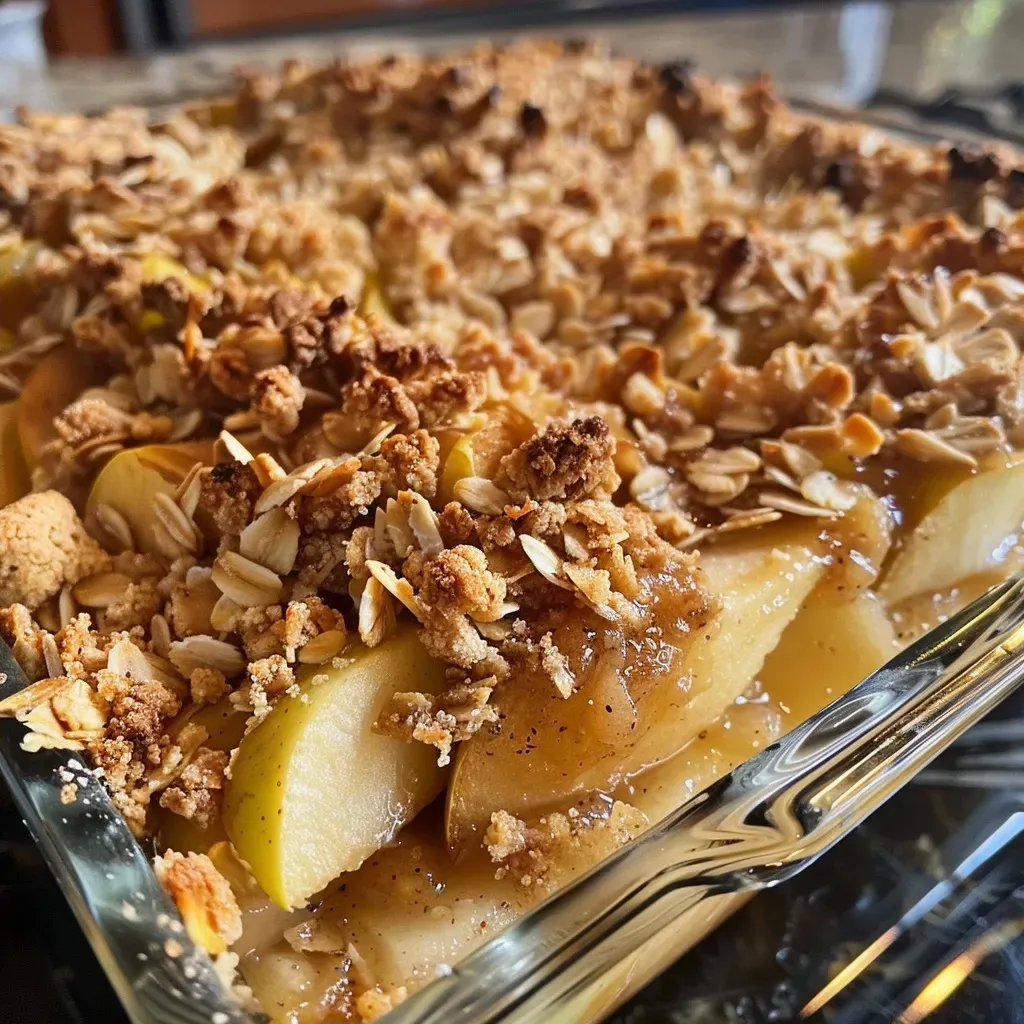 Side view of a warm Low Sugar Apple Crumble with apple slices visible.