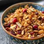 Close-up view of a bowl filled with Maple Almond Cranberry Granola showcasing oats, almonds, and cranberries.