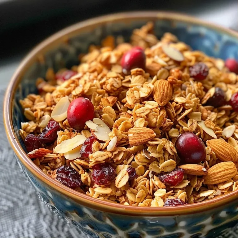 Nourishing Granola for Joyful Mornings Close-up view of a bowl filled with Maple Almond Cranberry Granola showcasing oats, almonds, and cranberries.