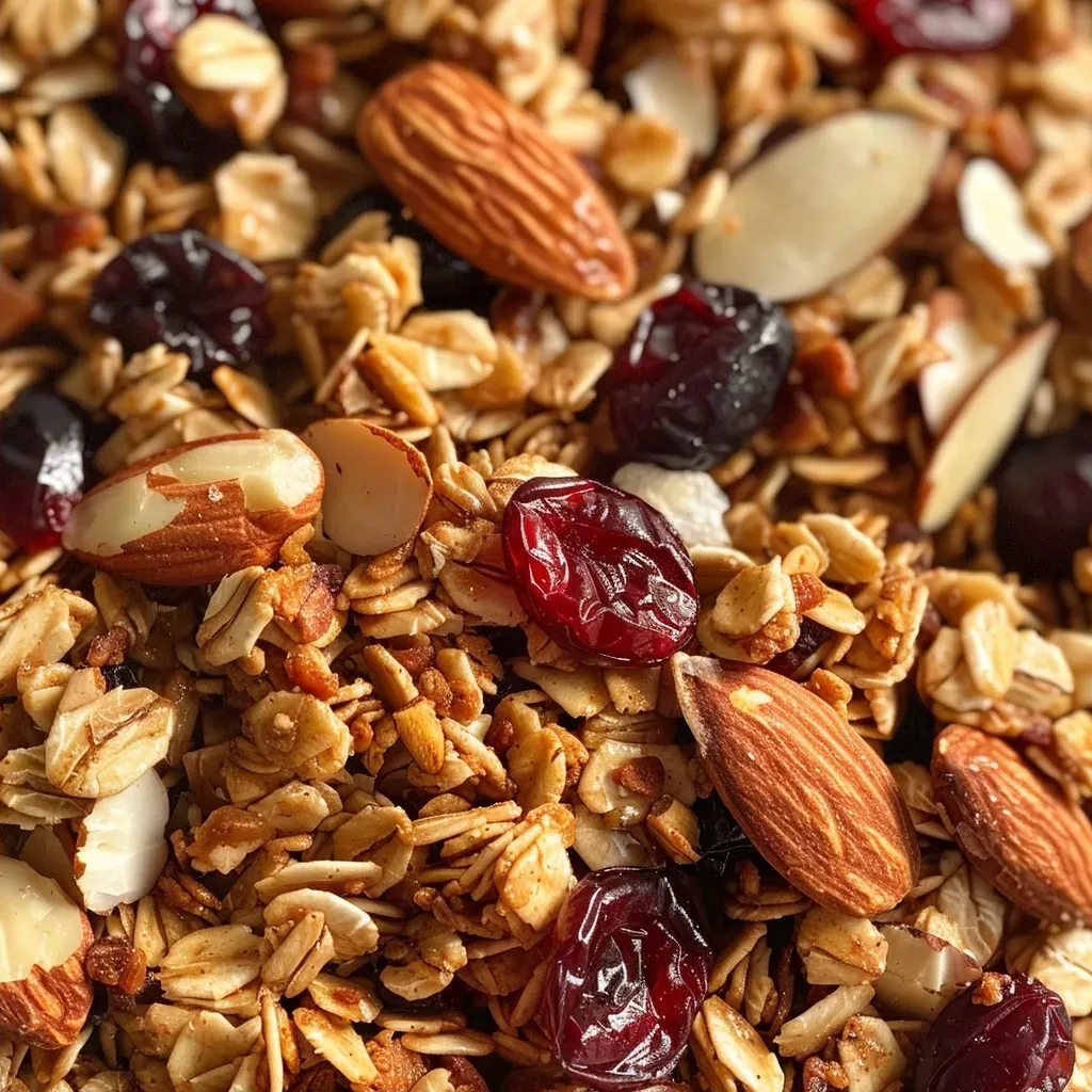Side view of Maple Almond Cranberry Granola highlighting its crunchy texture and colorful ingredients.