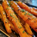 Close-up view of glazed carrots in a shiny maple bourbon sauce, garnished with fresh chives.
