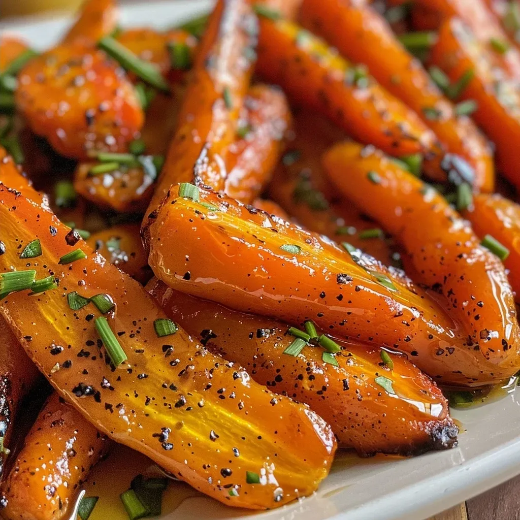 Diagonally sliced carrots coated in a rich, glossy glaze, presented on a plate.