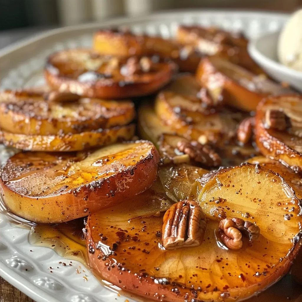 Side view of juicy apple slices glazed with maple syrup and cinnamon.