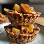 Close-up view of mini apple pies topped with caramel, showcasing a golden-brown crust.