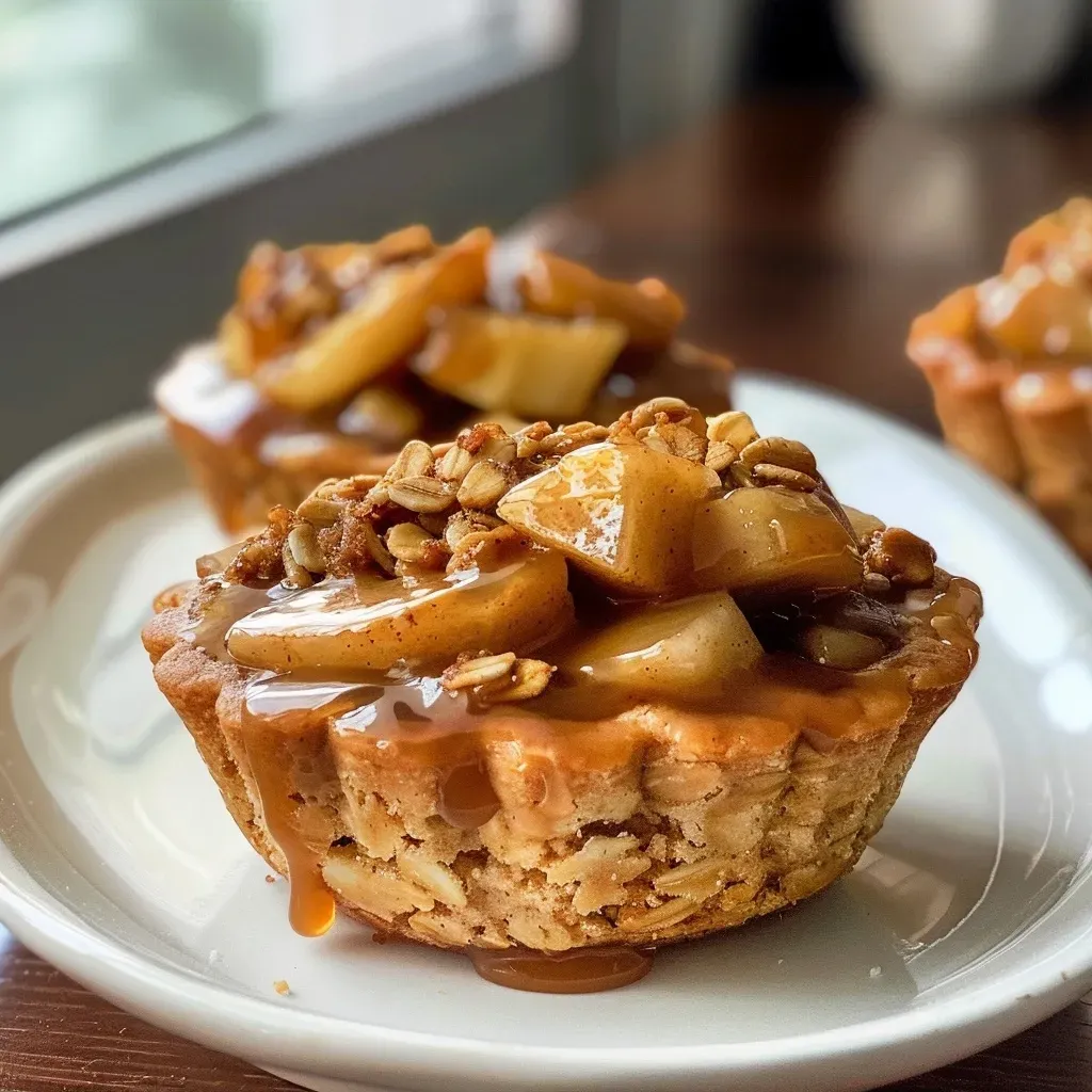 Side angle photo of vegan mini apple pies with a glossy caramel drizzle, arranged on a wooden board.
