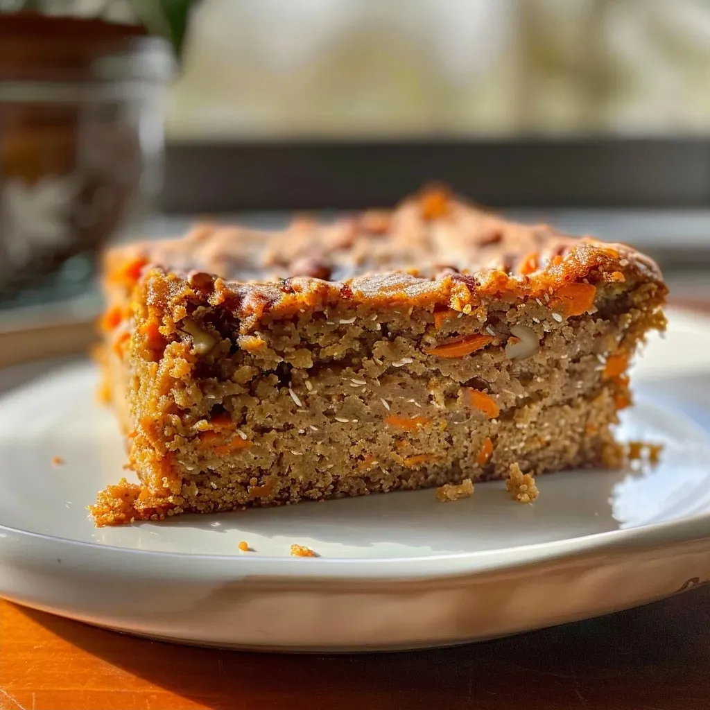 Side view of a luscious carrot cake topped with grated carrots and drizzled maple syrup.