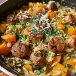 Close-up view of One Pot Chicken Sausage and Butternut Squash Orzo with vibrant colors.