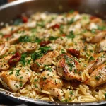 Close-up view of One Pot Marry Me Chicken Orzo with chicken pieces and herbs.