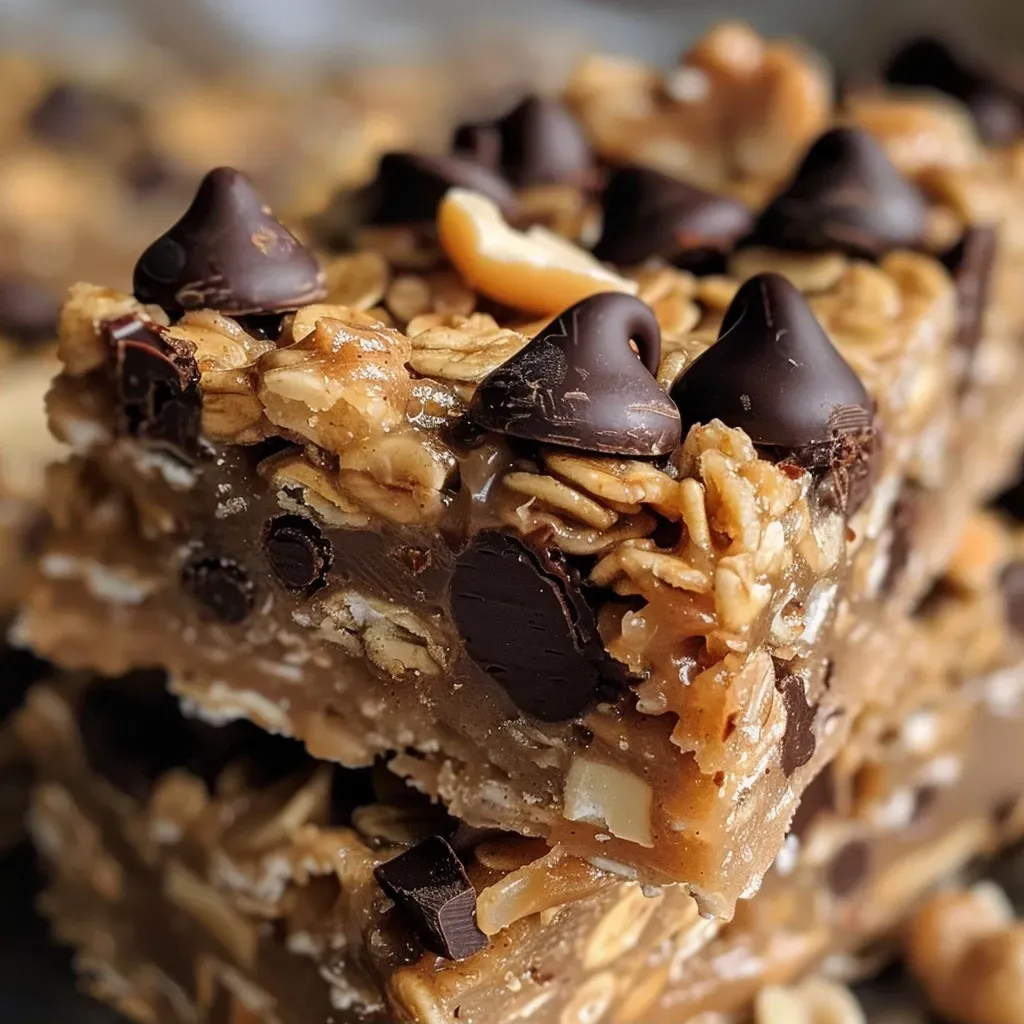 Side view of a juicy granola bar with visible chocolate chips and oats.