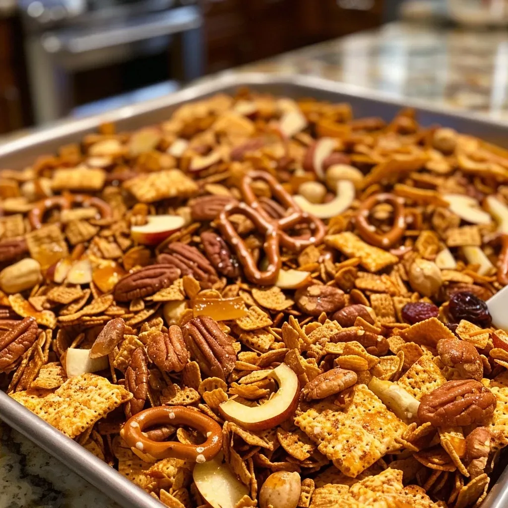 Side view of a delicious snack mix featuring pecans, pretzels, and cranberries.