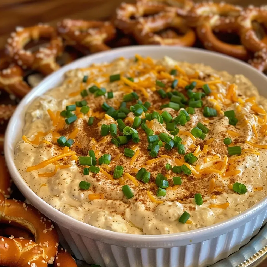 Side view of a delicious, cheesy pretzel dip in a bowl with fresh ingredients visible.