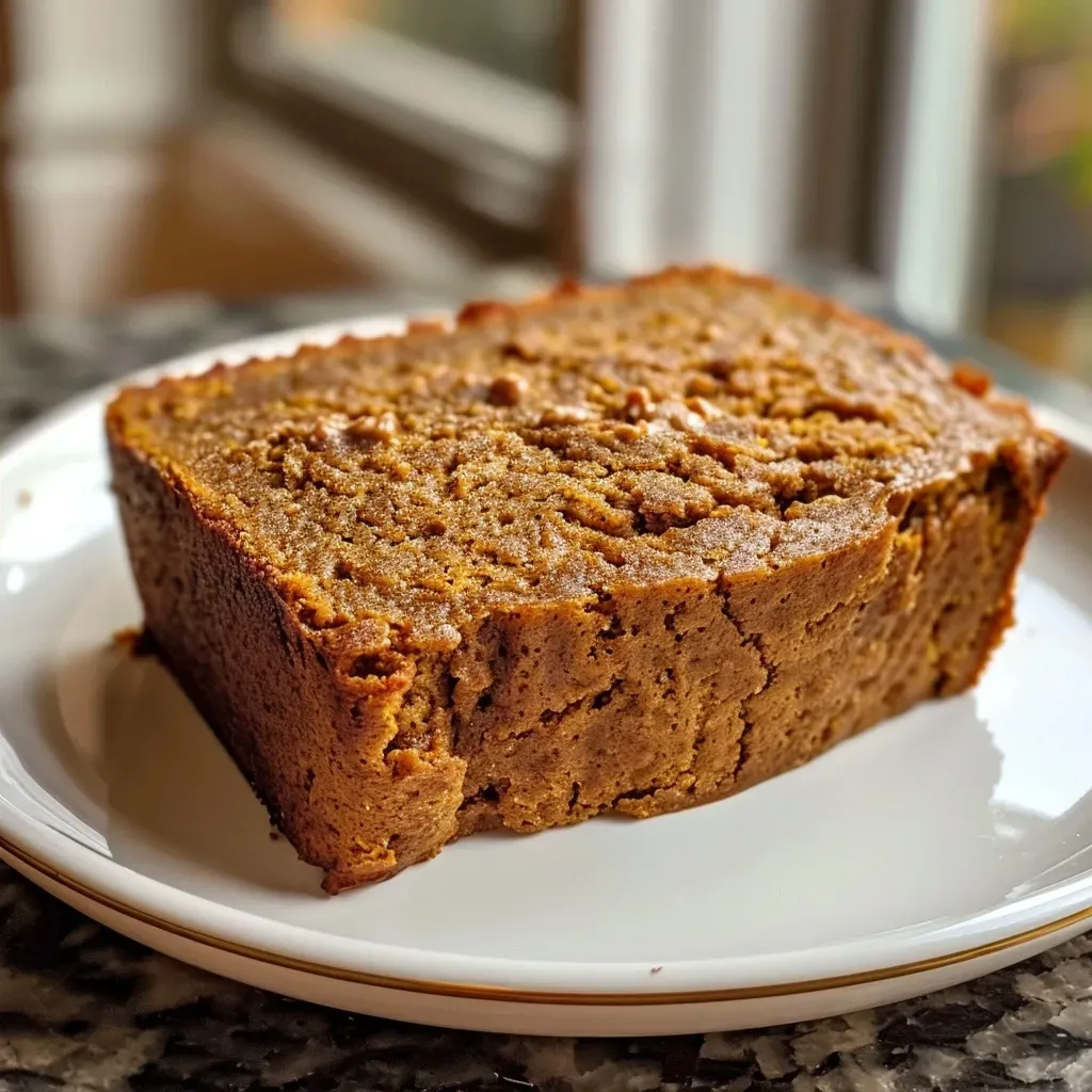 A slice of protein pumpkin bread on a plate, revealing its soft interior.