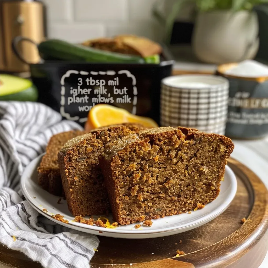 Juicy zucchini bread with a shiny orange crackle layer on top, displayed from the side.