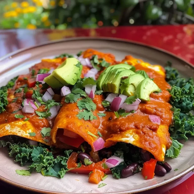 Embracing Flavor: Cozy Pumpkin Black Bean Enchiladas for Any Night Close-up view of Pumpkin Black Bean Enchiladas topped with avocado and cilantro.
