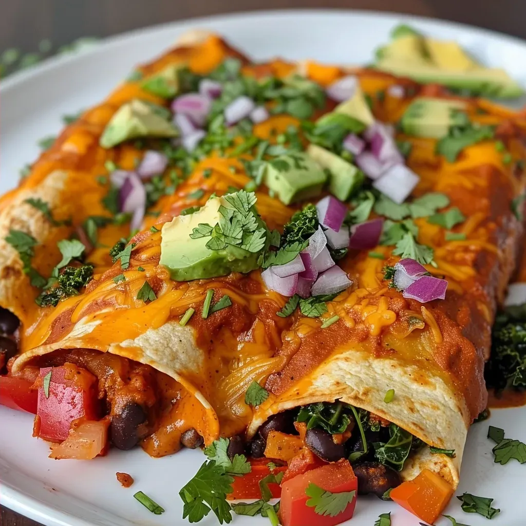Side angle of delicious Pumpkin Black Bean Enchiladas garnished with fresh herbs and avocado slices.