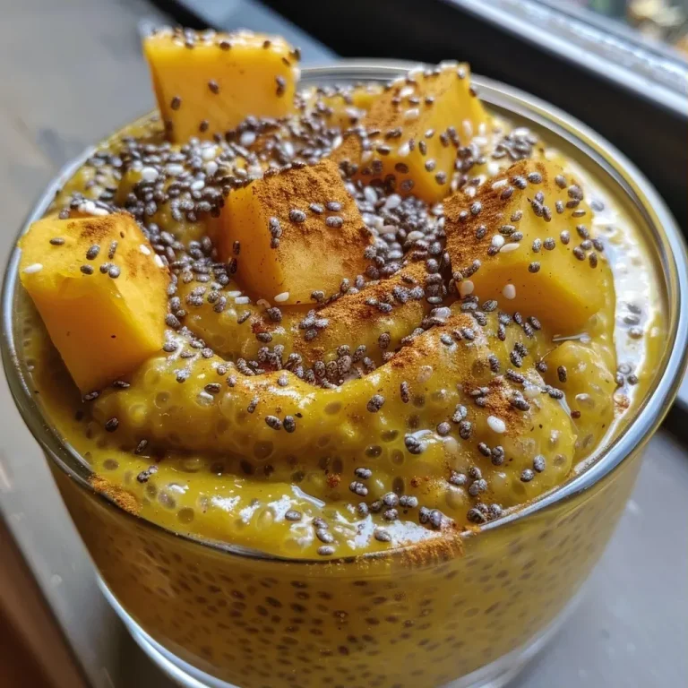 Close-up side view of a creamy pumpkin chia pudding in a glass jar.