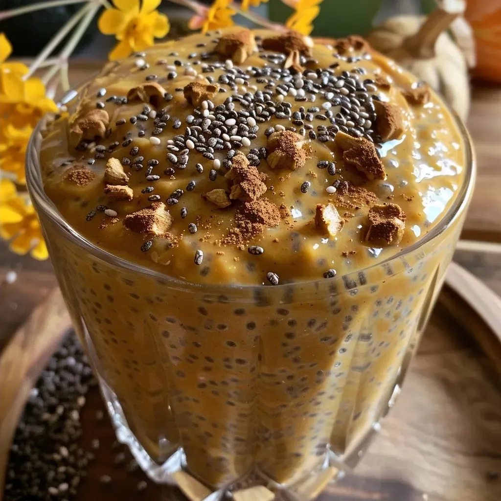 Detailed view of a vibrant pumpkin chia pudding topped with seeds.