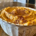 Close-up view of a creamy pumpkin cottage cheese dip in a bowl, garnished with spices.