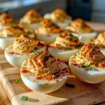 Close-up view of a Pumpkin Deviled Egg on a white plate garnished with chives.