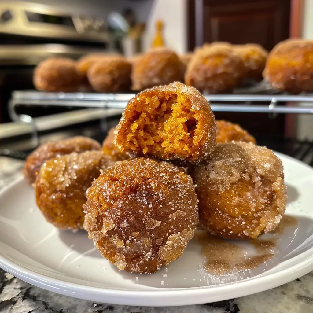 Side angle of fluffy pumpkin donut holes coated in cinnamon sugar on a rustic plate.