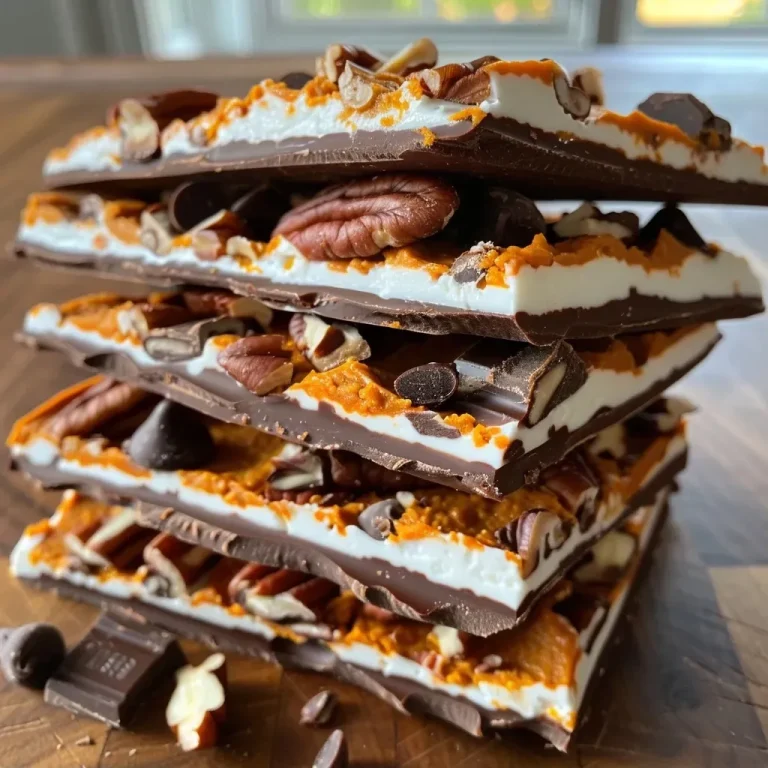 Delightful Pumpkin Pie Protein Bark for a Wholesome Treat Close-up view of Pumpkin Pie Protein Yogurt Bark with visible chocolate chips and pecans.