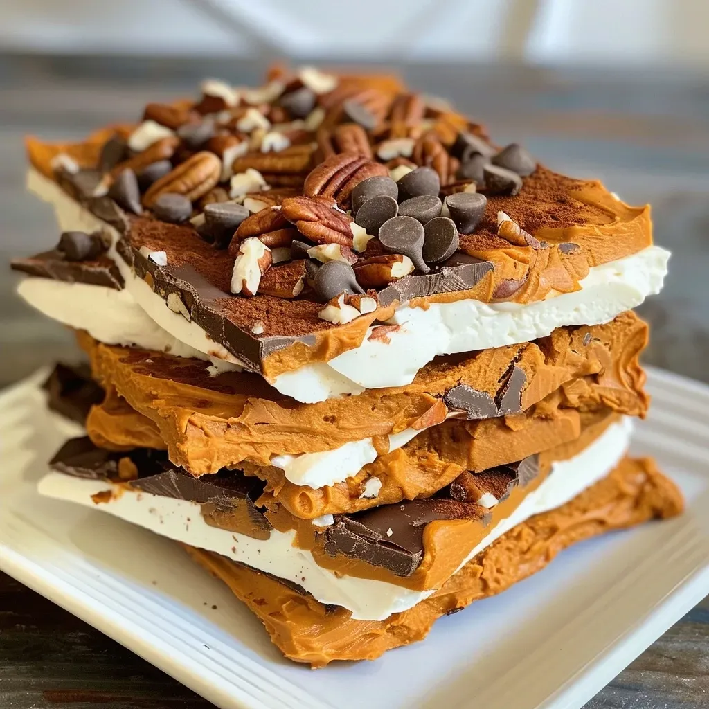 Side view of Pumpkin Pie Protein Yogurt Bark showcasing its creamy texture and toppings.