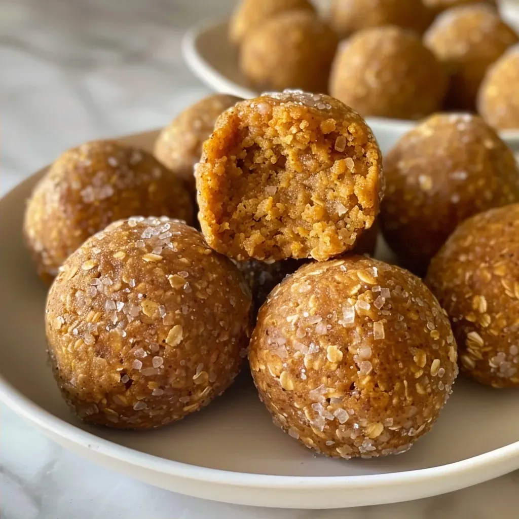 Side view of a pumpkin protein ball on a wooden plate, highlighting its golden color.