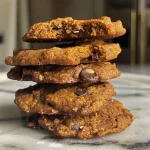 Close-up view of a soft-baked pumpkin protein cookie with chocolate chips.