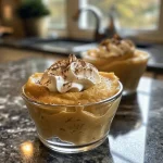 A close-up view of a creamy pumpkin pudding topped with a sprinkle of spices.