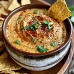 Close-up view of a creamy pumpkin queso with a sprinkle of pepitas on top.
