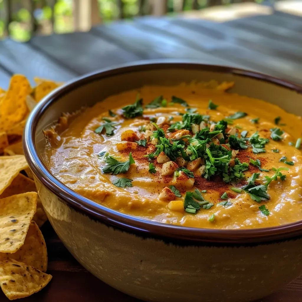 Side angle of a bowl filled with vibrant orange pumpkin queso, showcasing its creamy texture.