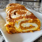 Close-up view of a sliced pumpkin roll showing its cream cheese filling.