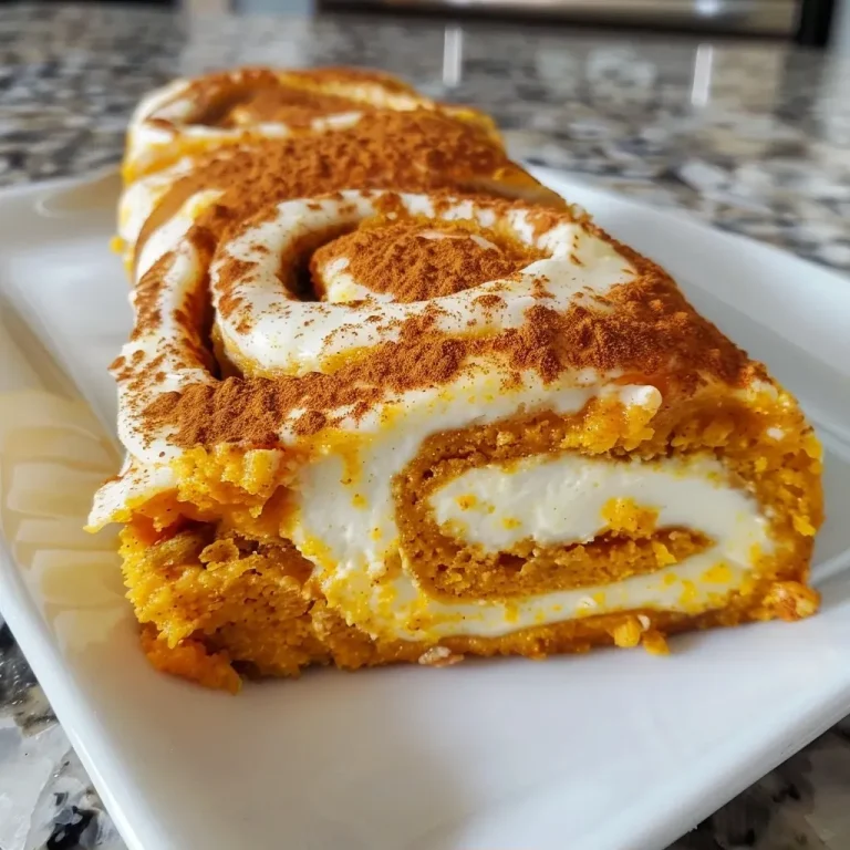 Close-up view of a sliced pumpkin roll showing its cream cheese filling.